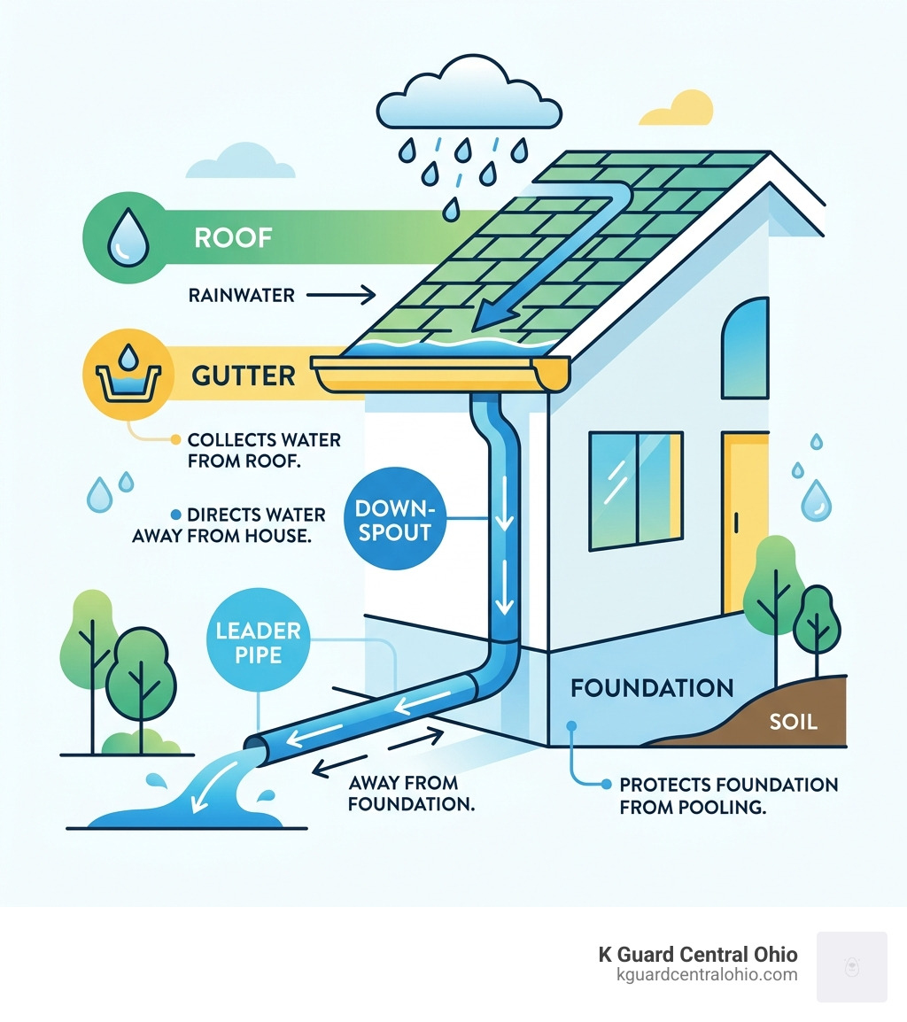 Gutter system anatomy infographic showing water flow from roof to downspout and foundation - clean gutters infographic Gutter system anatomy infographic showing water flow from roof to downspout and foundation - clean gutters infographic