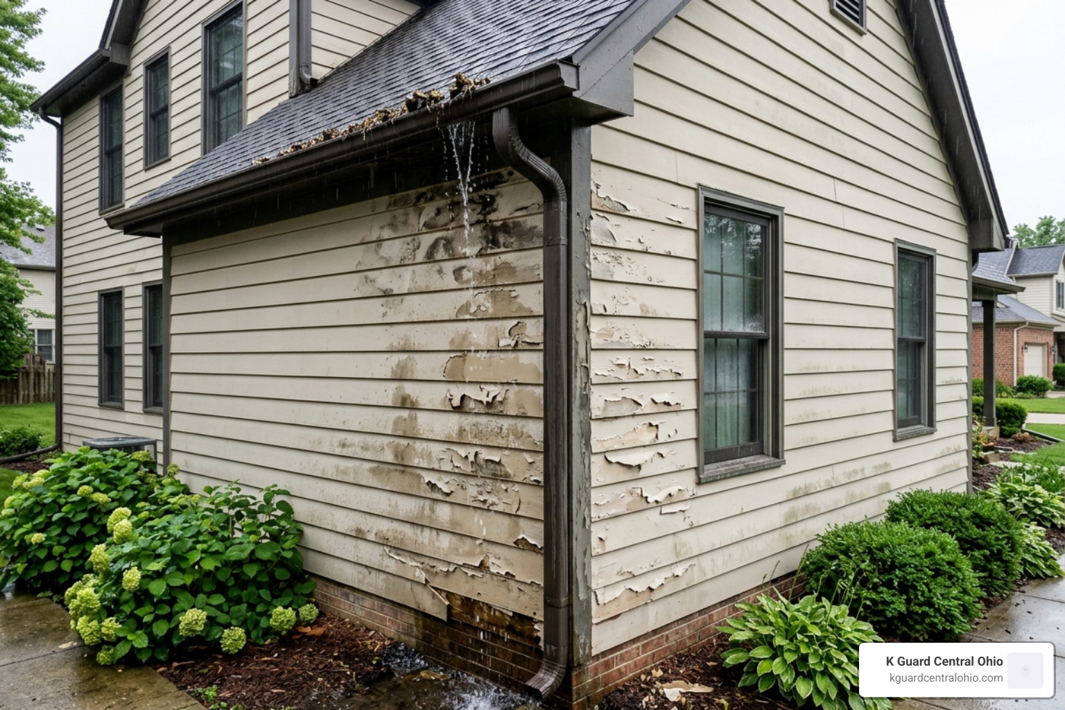 Water damage on home siding caused by overflowing gutters - clean gutters Water damage on home siding caused by overflowing gutters - clean gutters