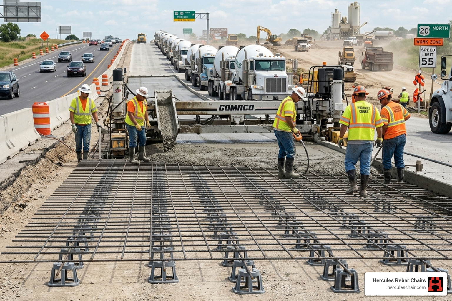 Rebar chairs being used in a highway paving project to ensure proper steel elevation - concrete chair