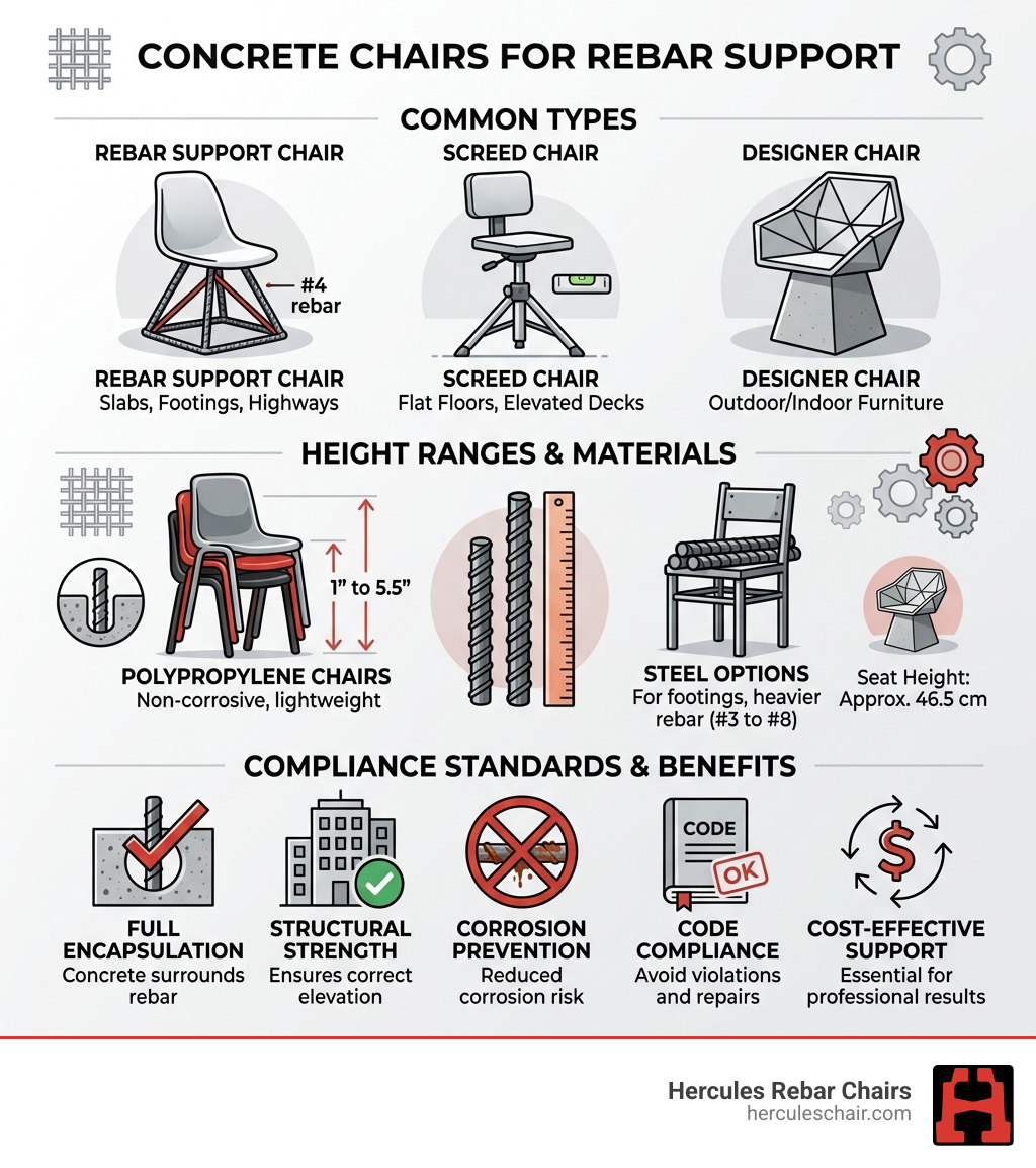 Infographic showing types of concrete chairs, height ranges, materials, and compliance standards for rebar support