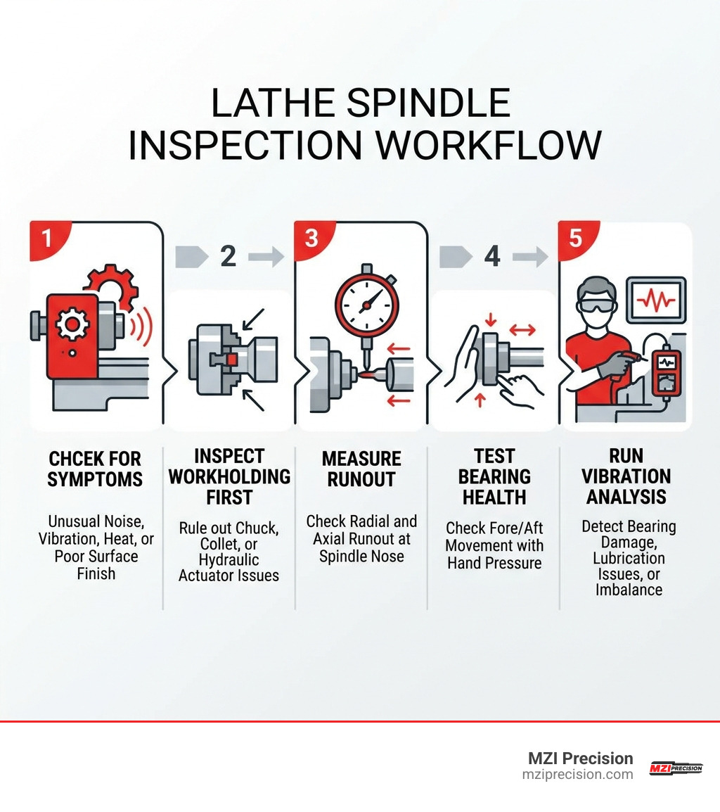 Lathe spindle inspection workflow: symptoms, workholding check, runout measurement, bearing test, vibration analysis Lathe spindle inspection workflow: symptoms, workholding check, runout measurement, bearing test, vibration analysis