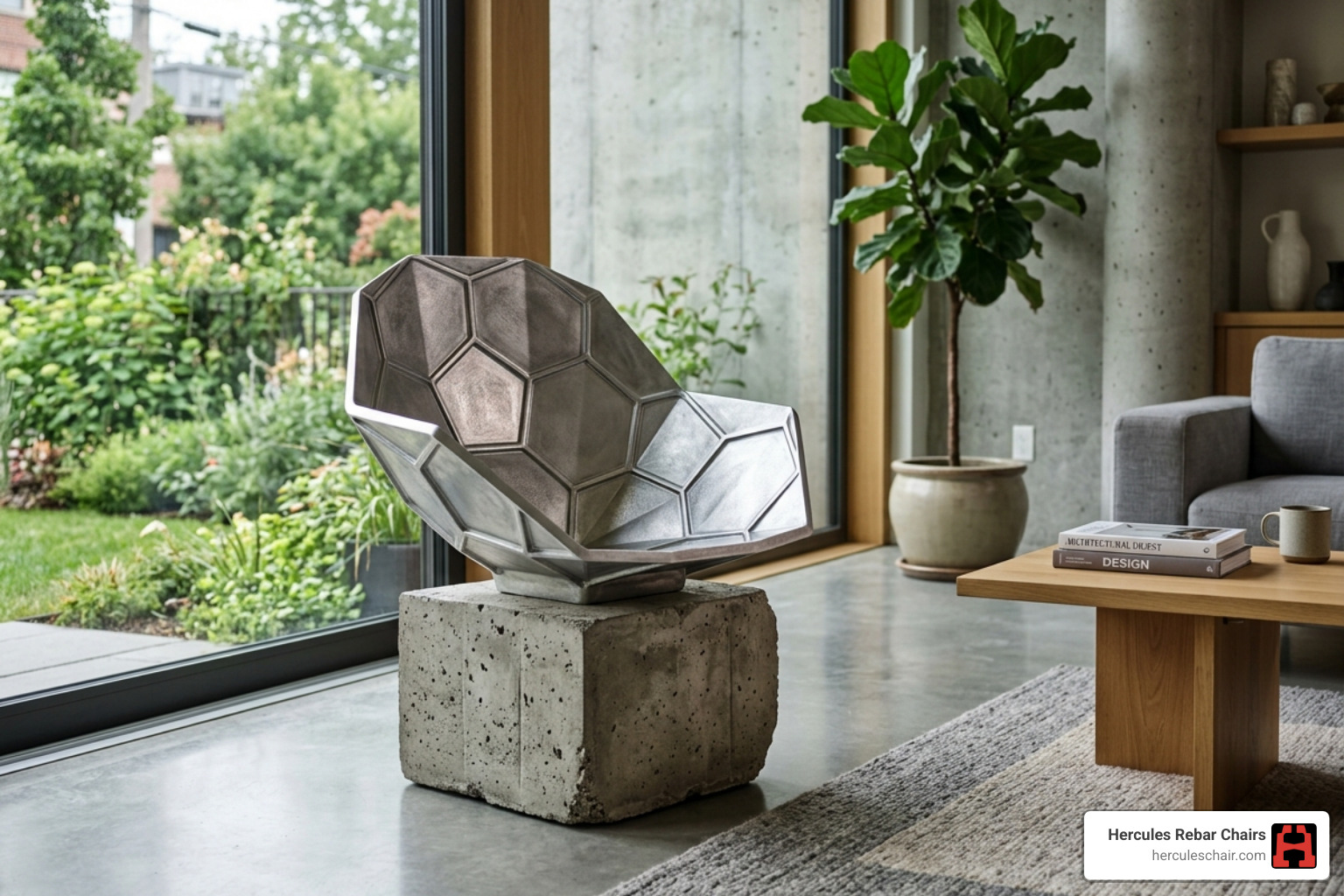Designer concrete chair featuring geometric aluminum shell and solid concrete base - concrete chair