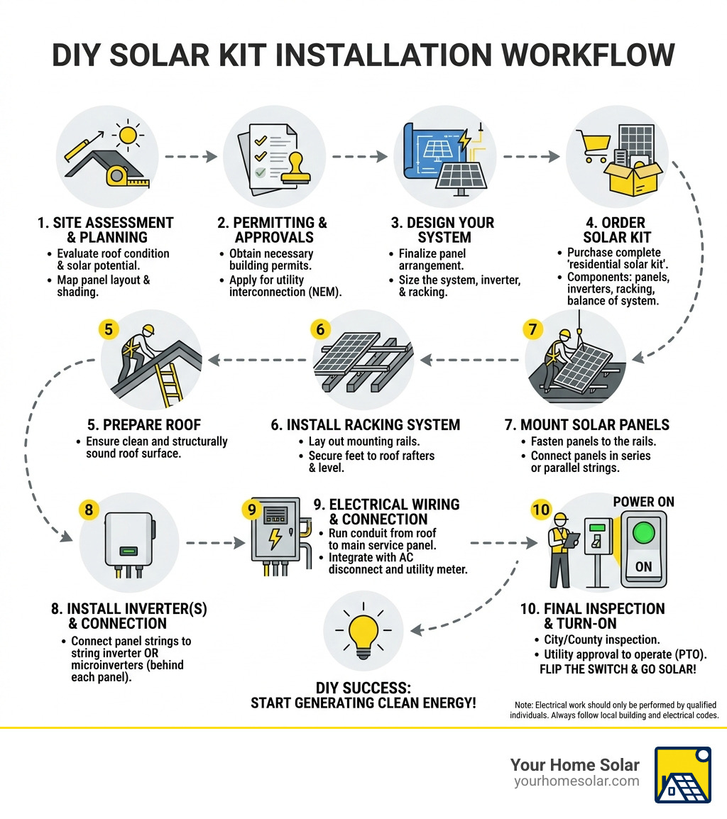 Step-by-step DIY residential solar kit installation workflow infographic - residential solar kit infographic Step-by-step DIY residential solar kit installation workflow infographic - residential solar kit infographic