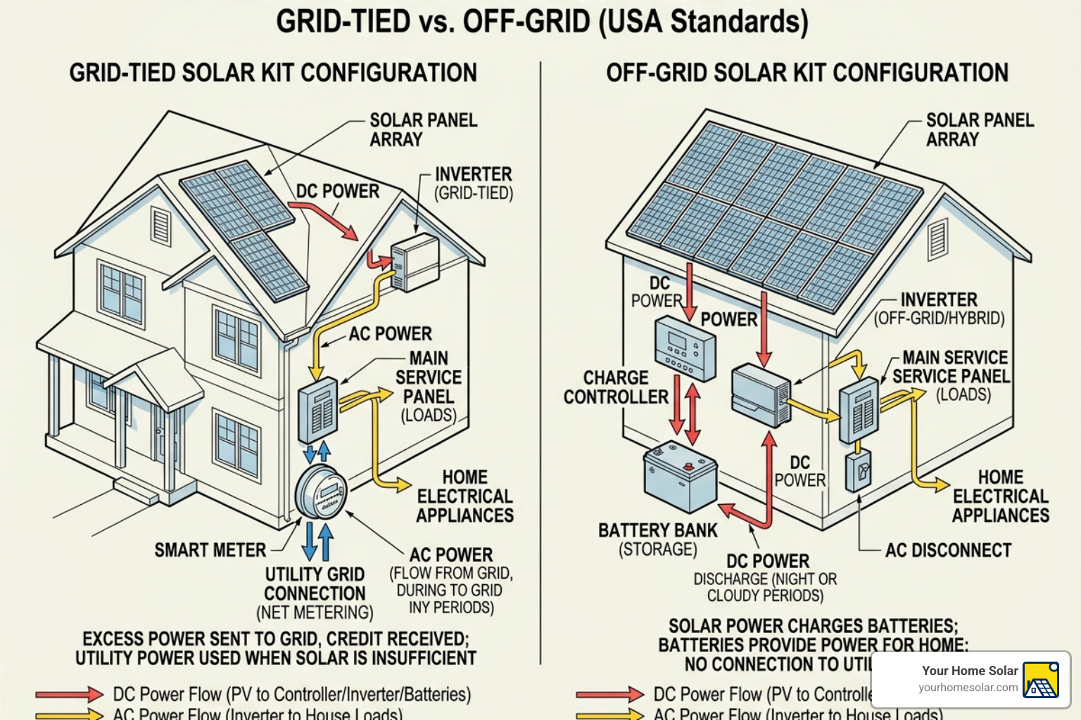Graphic comparing grid-tied and off-grid kit configurations - residential solar kit Graphic comparing grid-tied and off-grid kit configurations - residential solar kit