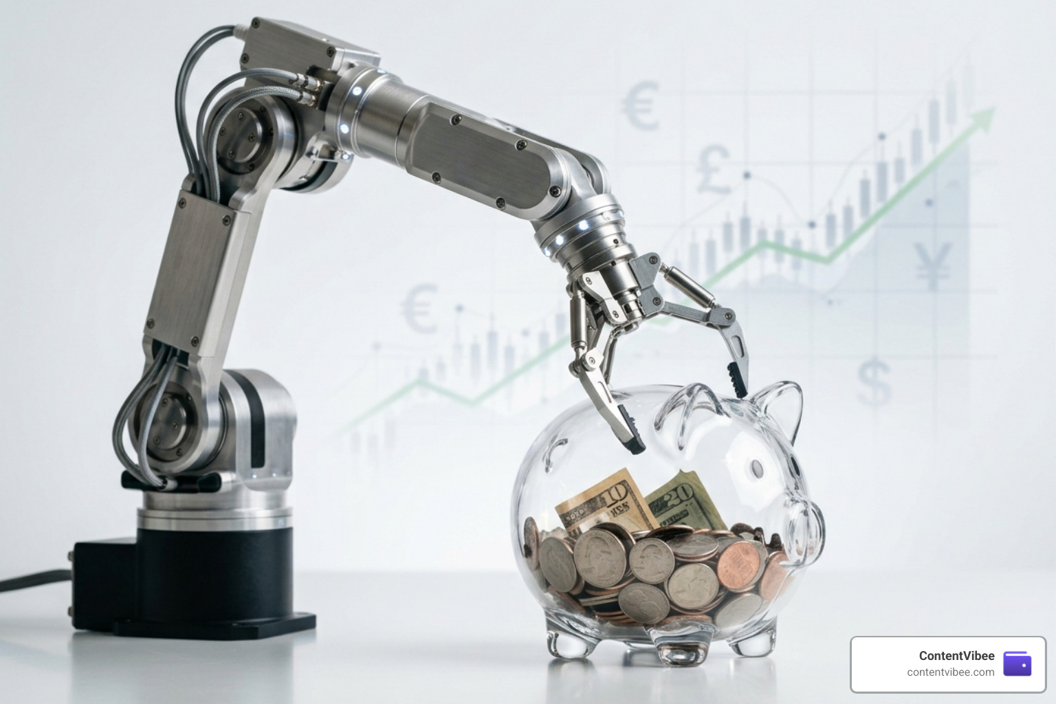 Robotic arm holding a piggy bank representing robo-advisors and automated investing - Charles Schwab Investment Account Fees Robotic arm holding a piggy bank representing robo-advisors and automated investing - Charles Schwab Investment Account Fees