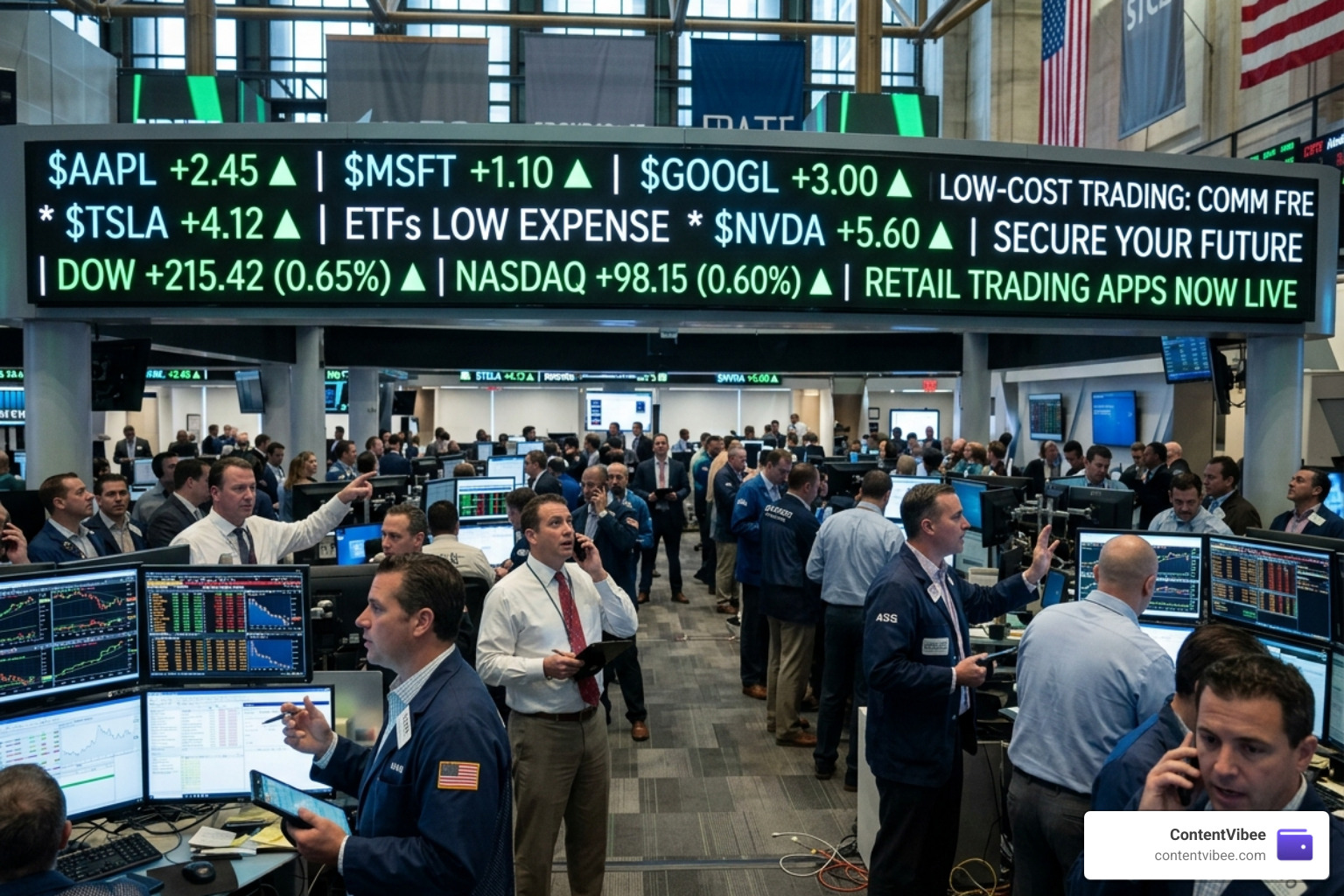 Stock market ticker showing green gains for low-cost trading accounts - Charles Schwab Investment Account Fees and Advisory Stock market ticker showing green gains for low-cost trading accounts - Charles Schwab Investment Account Fees and Advisory