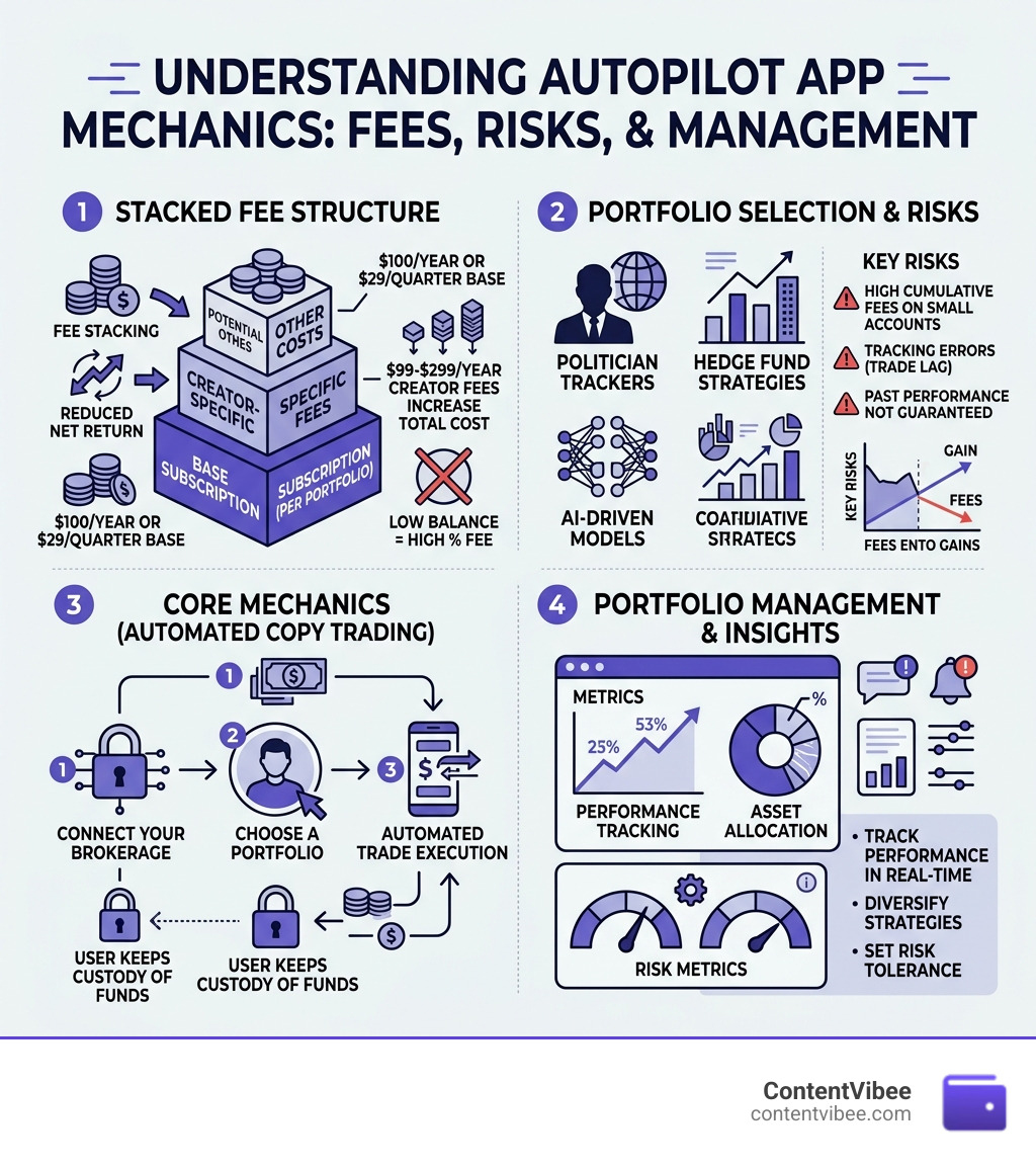 Autopilot app fees risks portfolio management automated copy trading mechanics infographic - Autopilot Investment App Fees