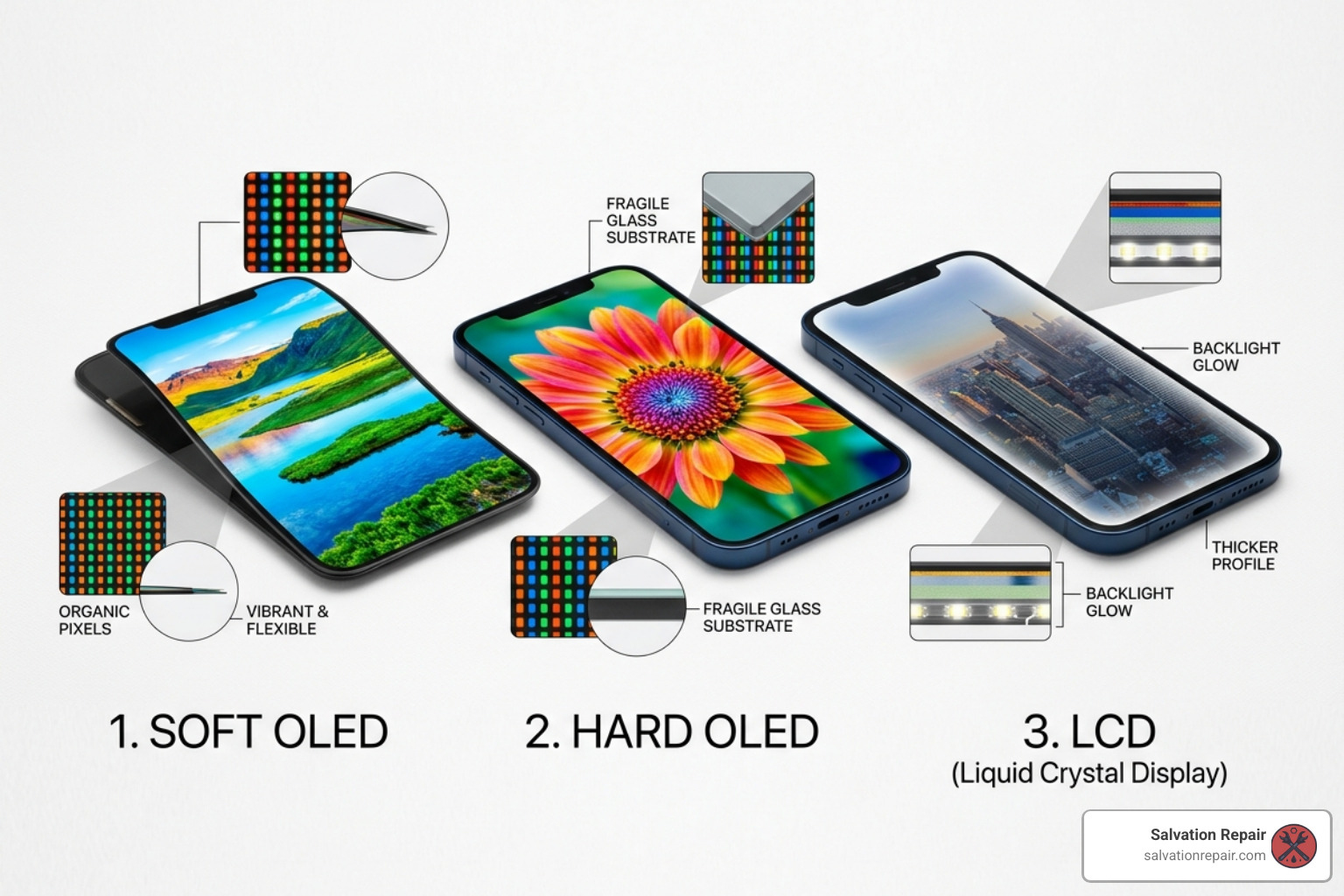 Comparison of Soft OLED, Hard OLED, and LCD screens on an iPhone 12 display - iphone 12 screen replacement cost