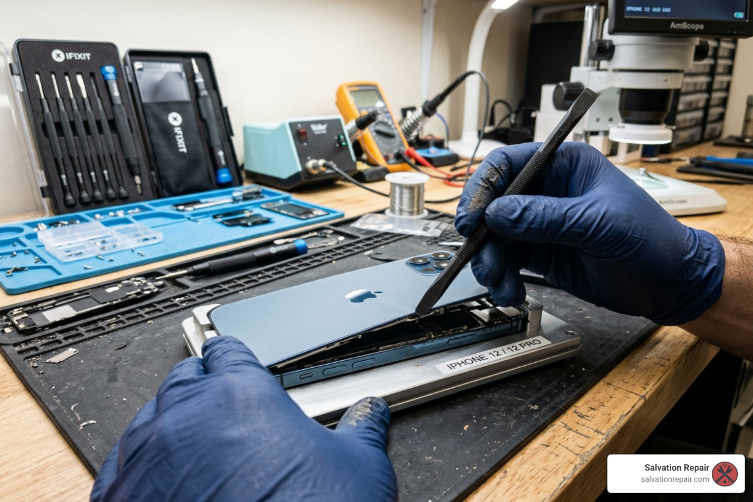 Technician carefully using a spudger to open an iPhone 12 for screen replacement - iphone 12 screen replacement cost