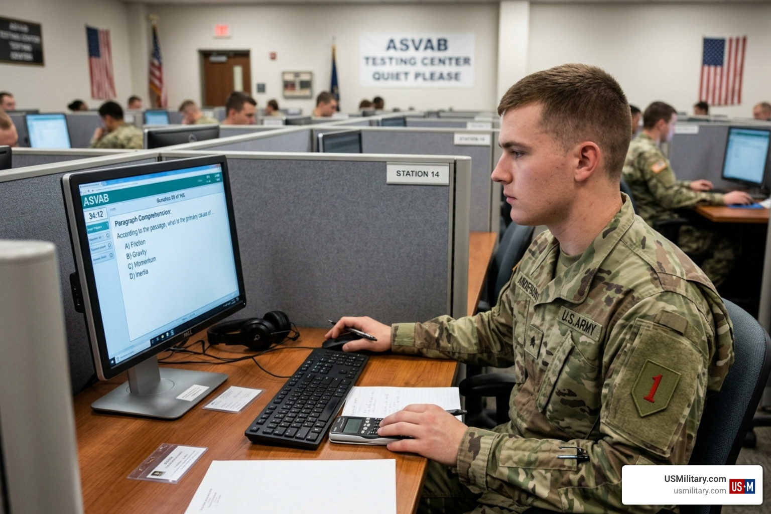 A young recruit focused on taking the ASVAB test on a computer screen - Requirements To Join The US Military A young recruit focused on taking the ASVAB test on a computer screen - Requirements To Join The US Military