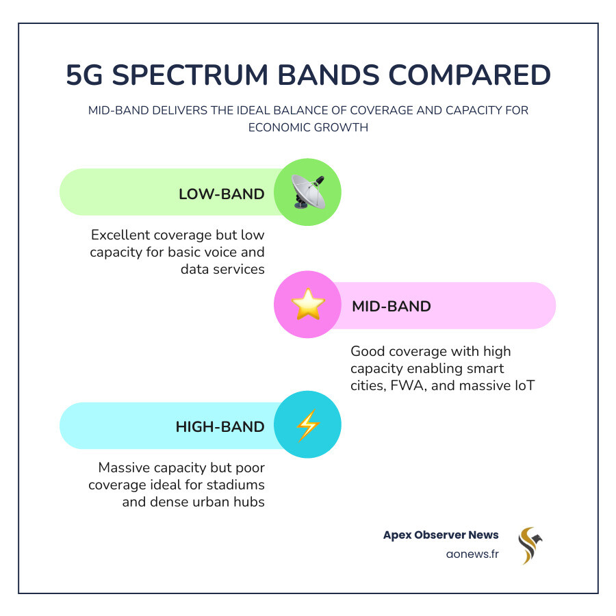 Infographic comparing 5G spectrum bands showing mid-band as the primary driver for economic growth - 5G rollout economic