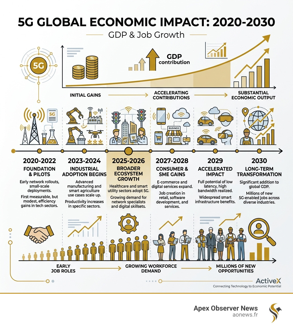 5G economic impact timeline infographic from 2020 to 2030 showing GDP and job growth milestones - 5G rollout economic boost