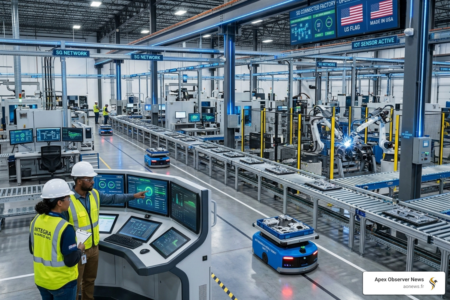 High-tech smart factory floor utilizing 5G and IoT for autonomous manufacturing - 5G rollout economic boost