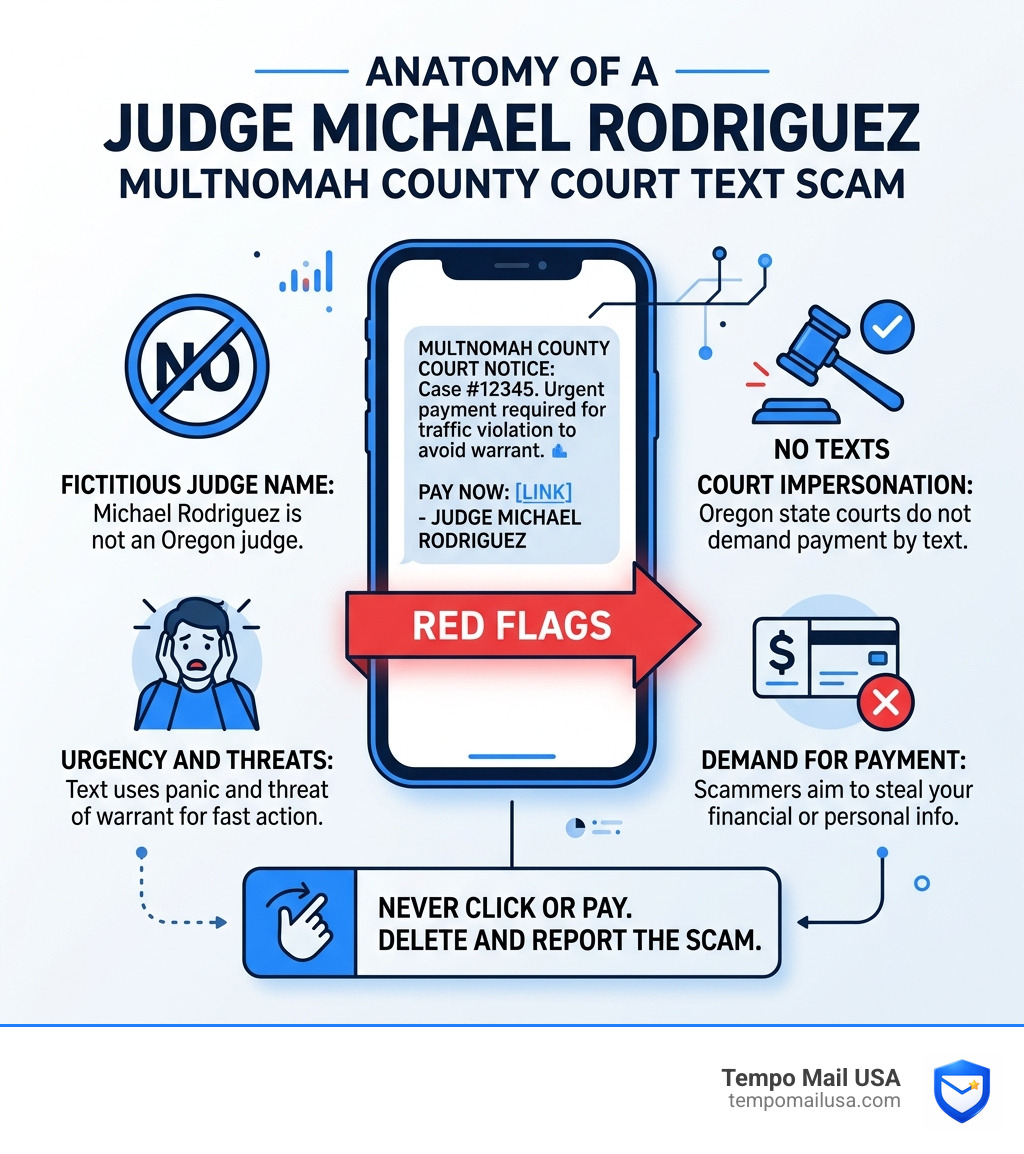 Infographic: anatomy of a Judge Michael Rodriguez Multnomah County court text scam with red flags listed - judge michael Infographic: anatomy of a Judge Michael Rodriguez Multnomah County court text scam with red flags listed - judge michael