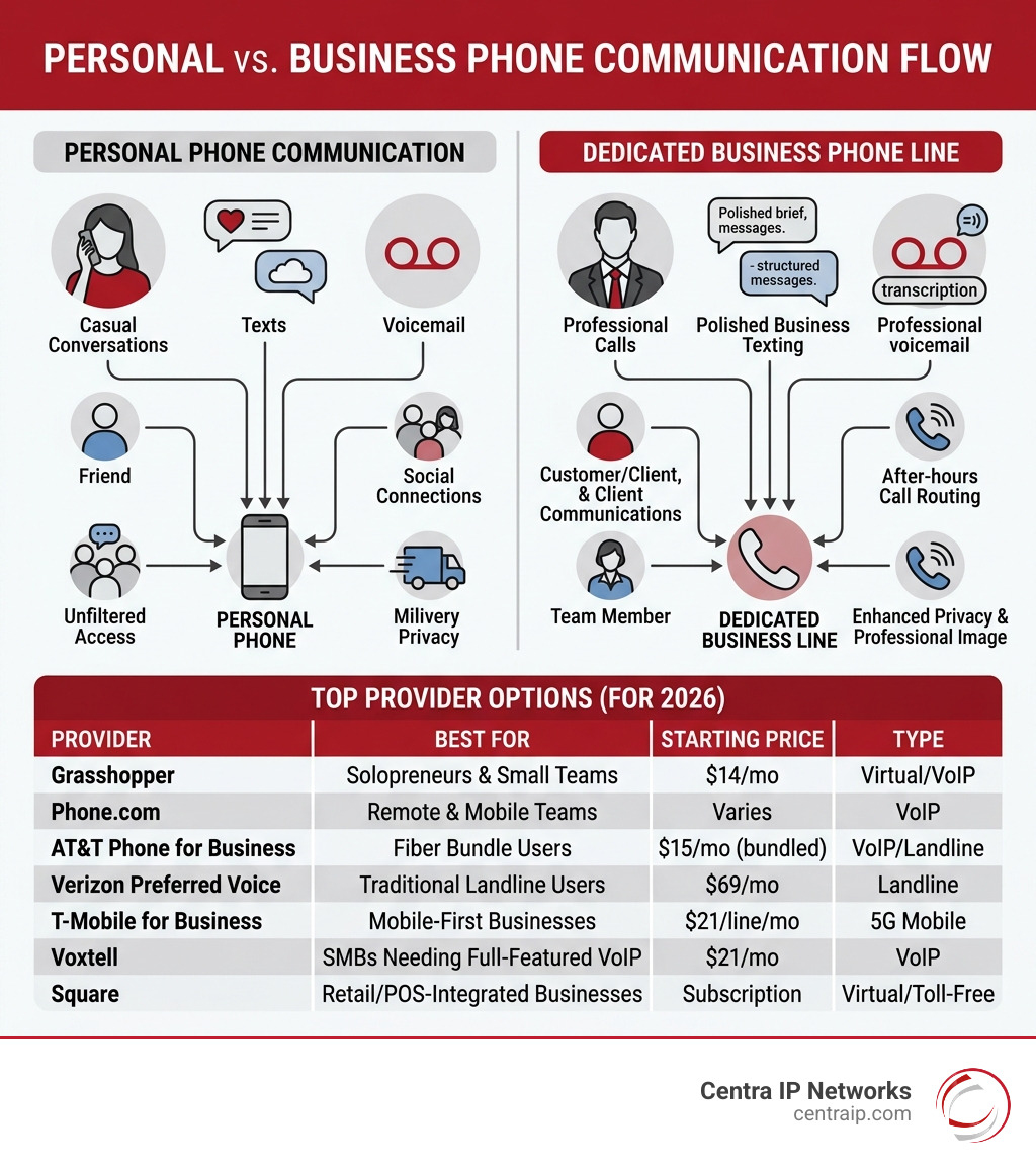 Infographic comparing personal vs. business phone communication flows and top provider options - dedicated business phone Infographic comparing personal vs. business phone communication flows and top provider options - dedicated business phone