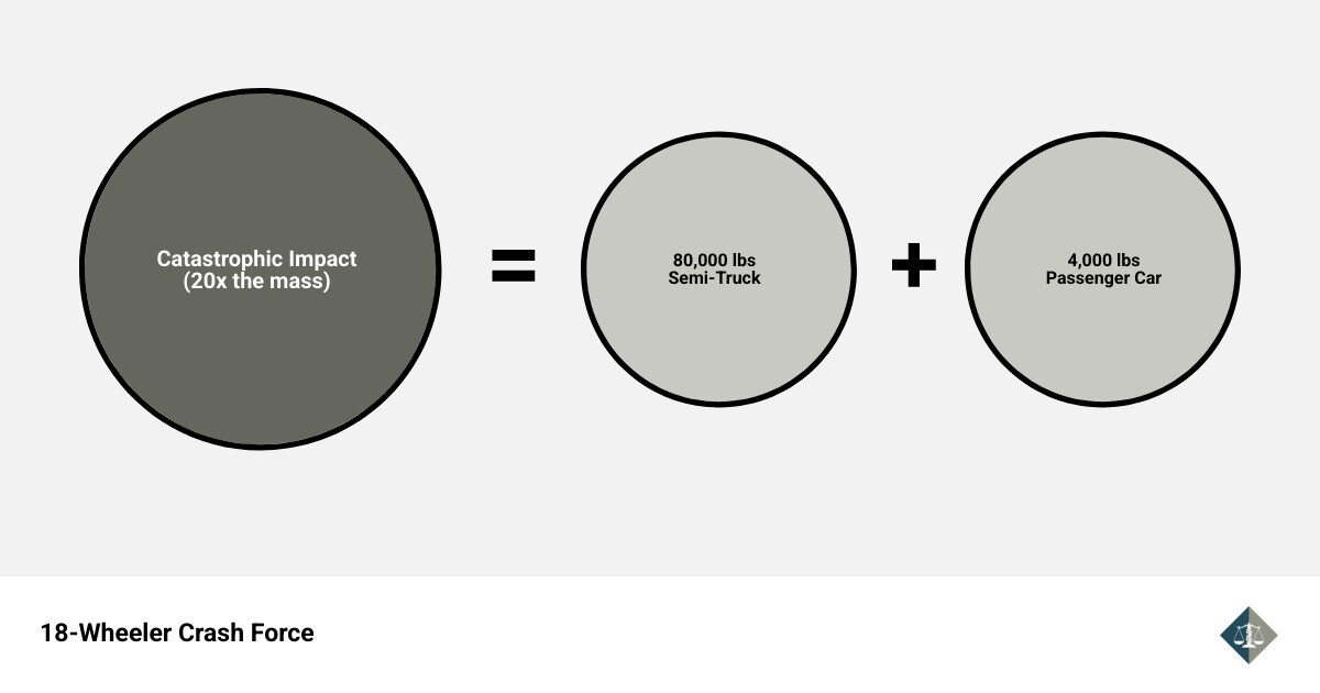 Impact force comparison infographic: 18-wheeler at 80,000 lbs vs passenger car at 4,000 lbs in a Houston highway crash Impact force comparison infographic: 18-wheeler at 80,000 lbs vs passenger car at 4,000 lbs in a Houston highway crash