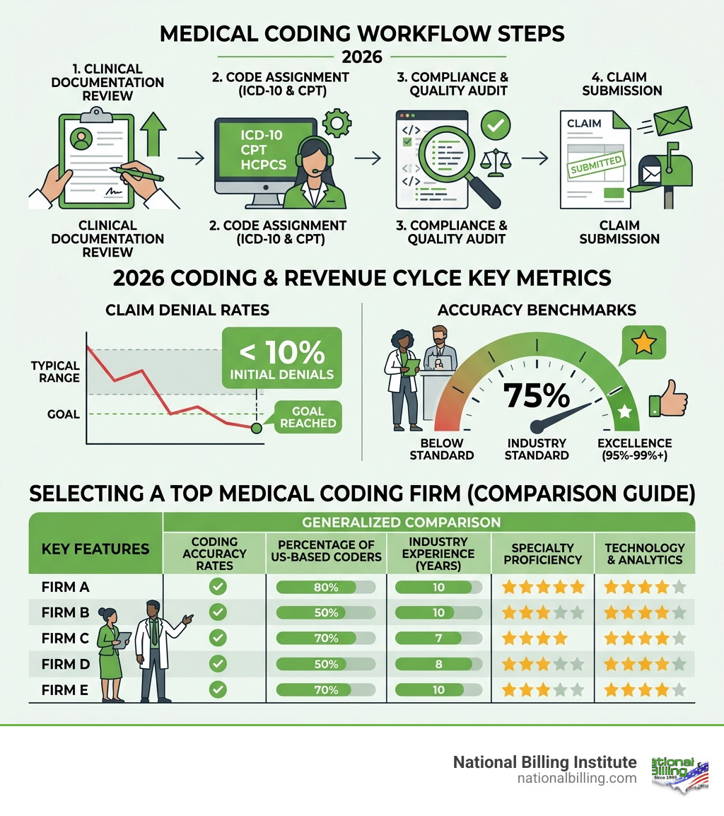 2026 medical coding workflow infographic showing coding steps, denial rates, accuracy benchmarks, and top firm comparison