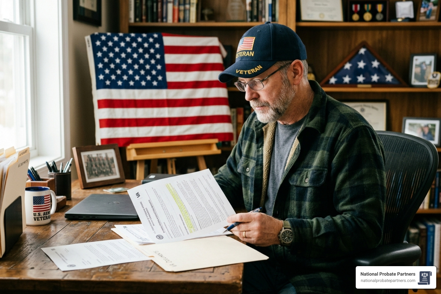 veteran at a desk reviewing military benefits - Veterans estate planning