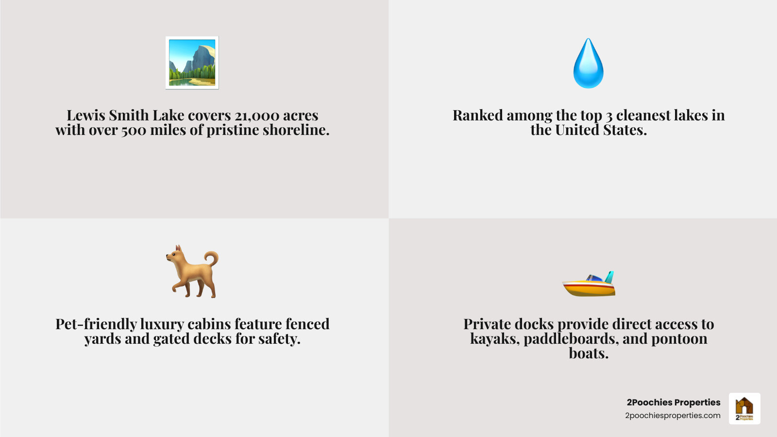 Infographic showing key features of pet-friendly lakefront living at Smith Lake Alabama - smith lake pet luxury cabins