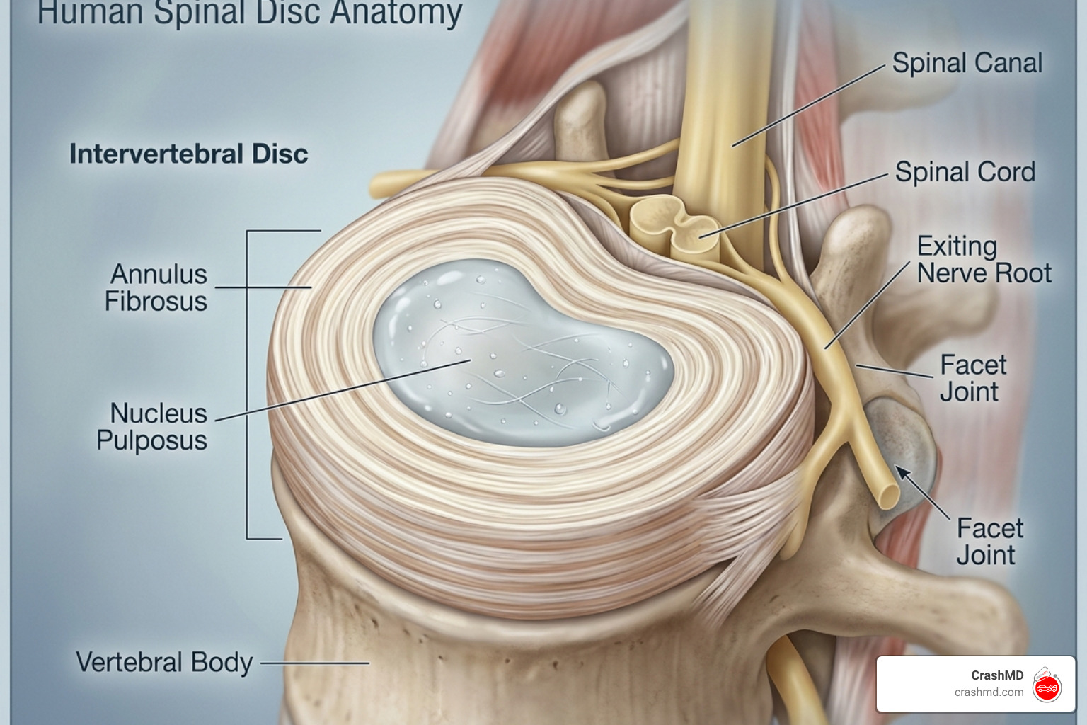 Cross-section of a spinal disc showing the nucleus pulposus and annulus fibrosus - herniated cervical disc accident Cross-section of a spinal disc showing the nucleus pulposus and annulus fibrosus - herniated cervical disc accident