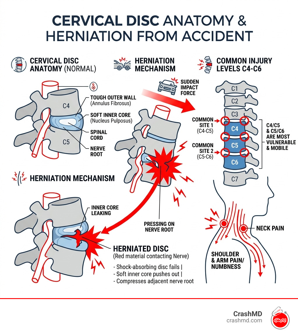 Diagram showing cervical disc anatomy, herniation mechanism, and common injury levels C4-C6 - herniated cervical disc Diagram showing cervical disc anatomy, herniation mechanism, and common injury levels C4-C6 - herniated cervical disc