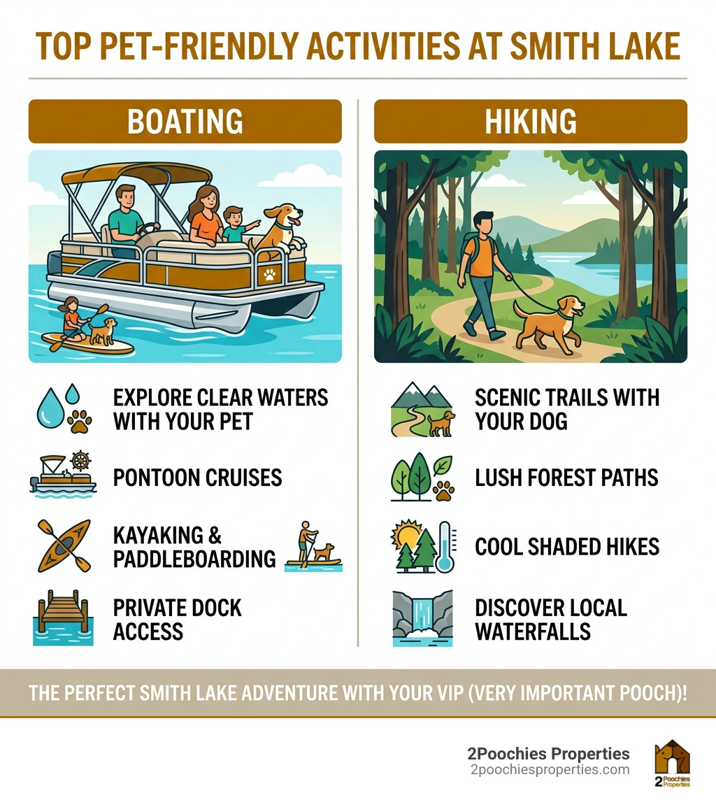 Infographic of top pet-friendly activities at Smith Lake including boating and hiking - smith lake pet luxury cabins
