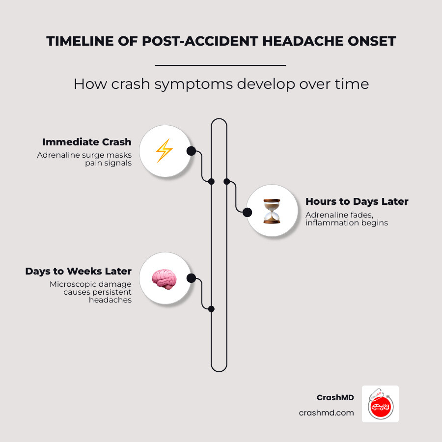 Timeline of post-accident headache onset and inflammation stages - headaches after auto accident infographic Timeline of post-accident headache onset and inflammation stages - headaches after auto accident infographic