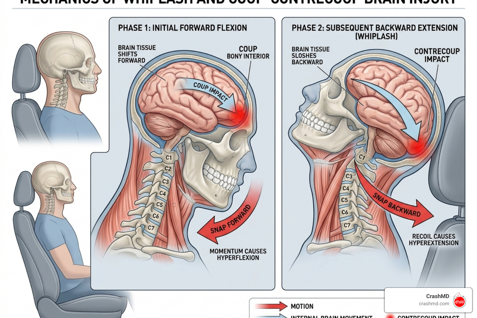 The mechanics of whiplash and brain movement during a collision - headaches after auto accident The mechanics of whiplash and brain movement during a collision - headaches after auto accident