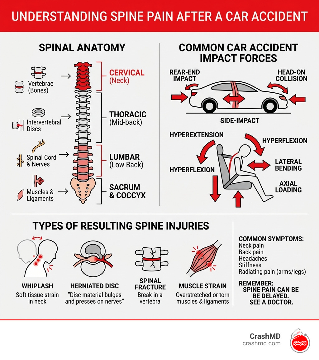 Infographic showing spinal anatomy, common car accident impact forces, and types of resulting spine injuries - spine pain
