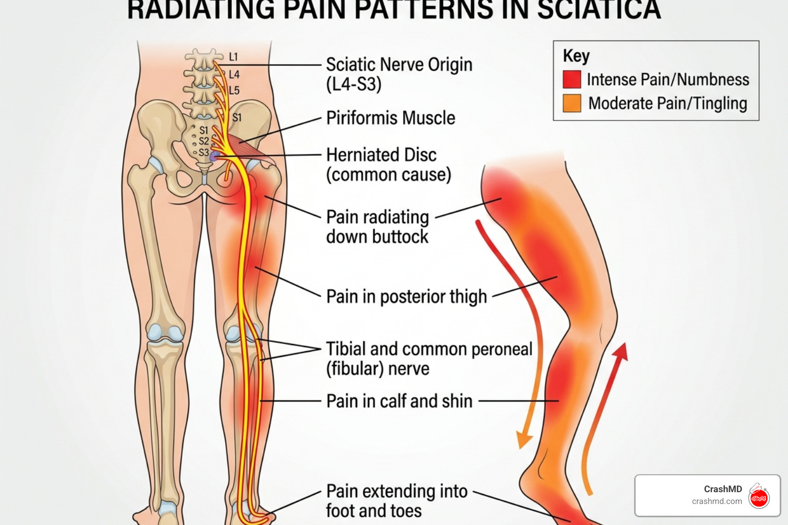 Diagram showing radiating pain patterns from the lower back down through the legs, known as sciatica - back pain after car