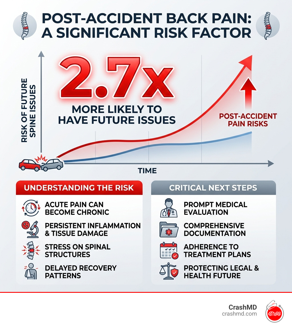 Stat showing that people with post-accident back pain are 2.7x more likely to have future issues - spine pain after car