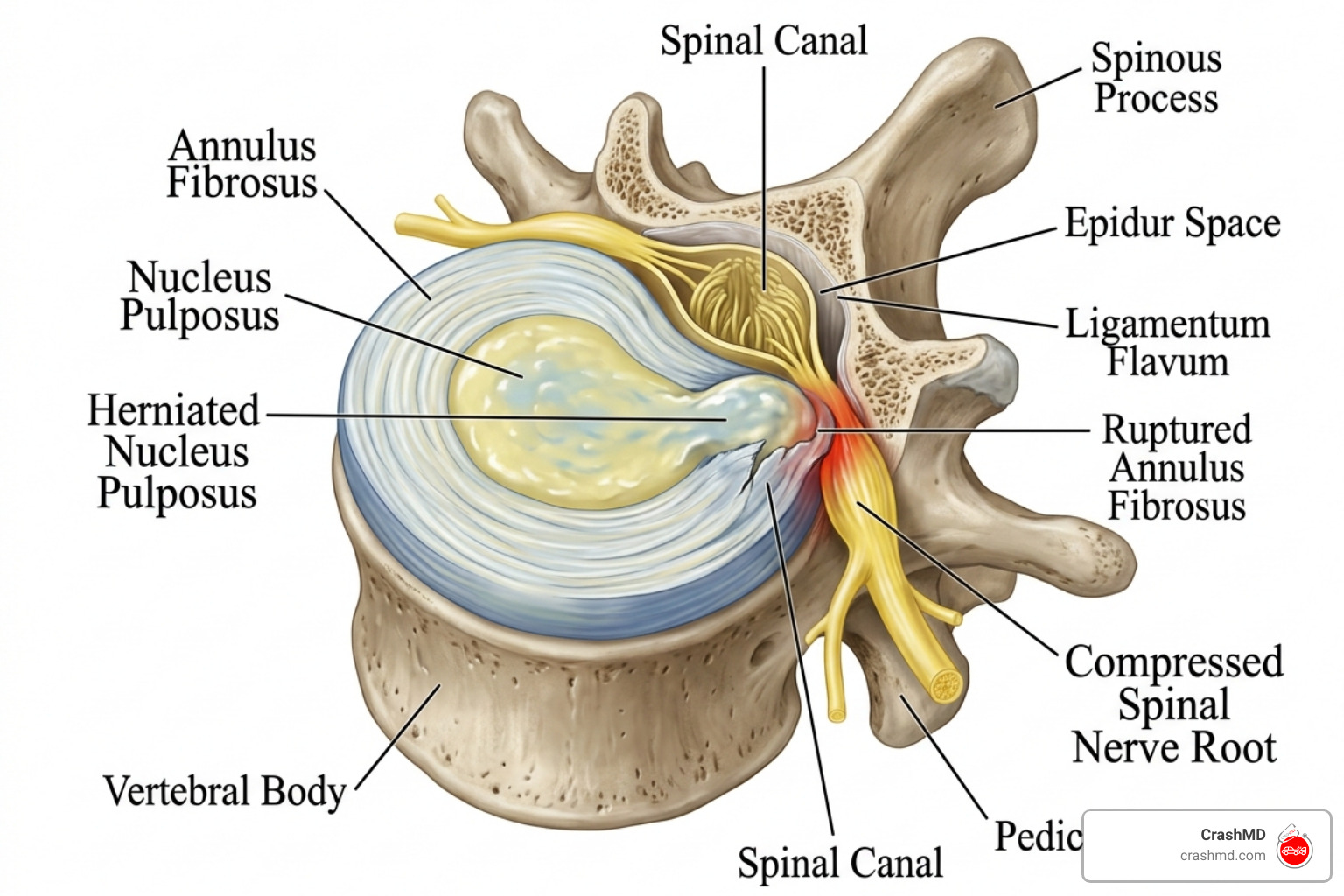 herniated spinal disc showing nerve compression - spine pain after car accident