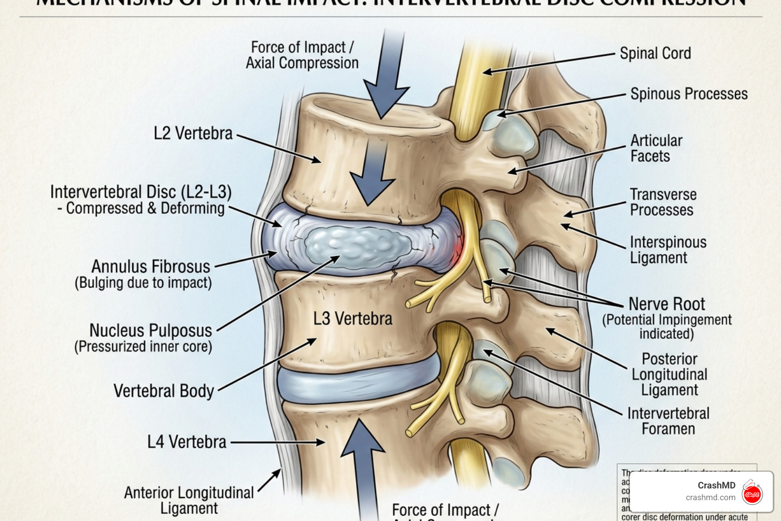 Detailed illustration of spinal vertebrae and intervertebral discs showing how compression occurs - back pain after car