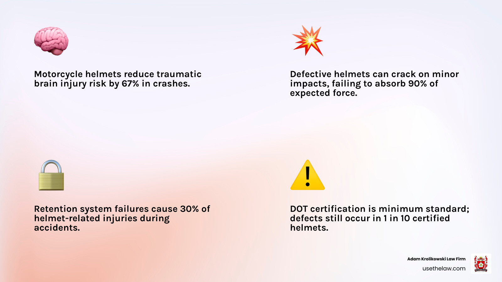 Infographic showing how motorcycle helmets protect the brain and what happens when they fail due to defects - product