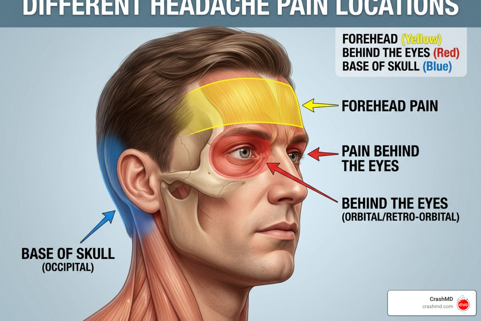 Diagram showing different headache pain locations: forehead, base of skull, and behind the eyes - headache after car accident