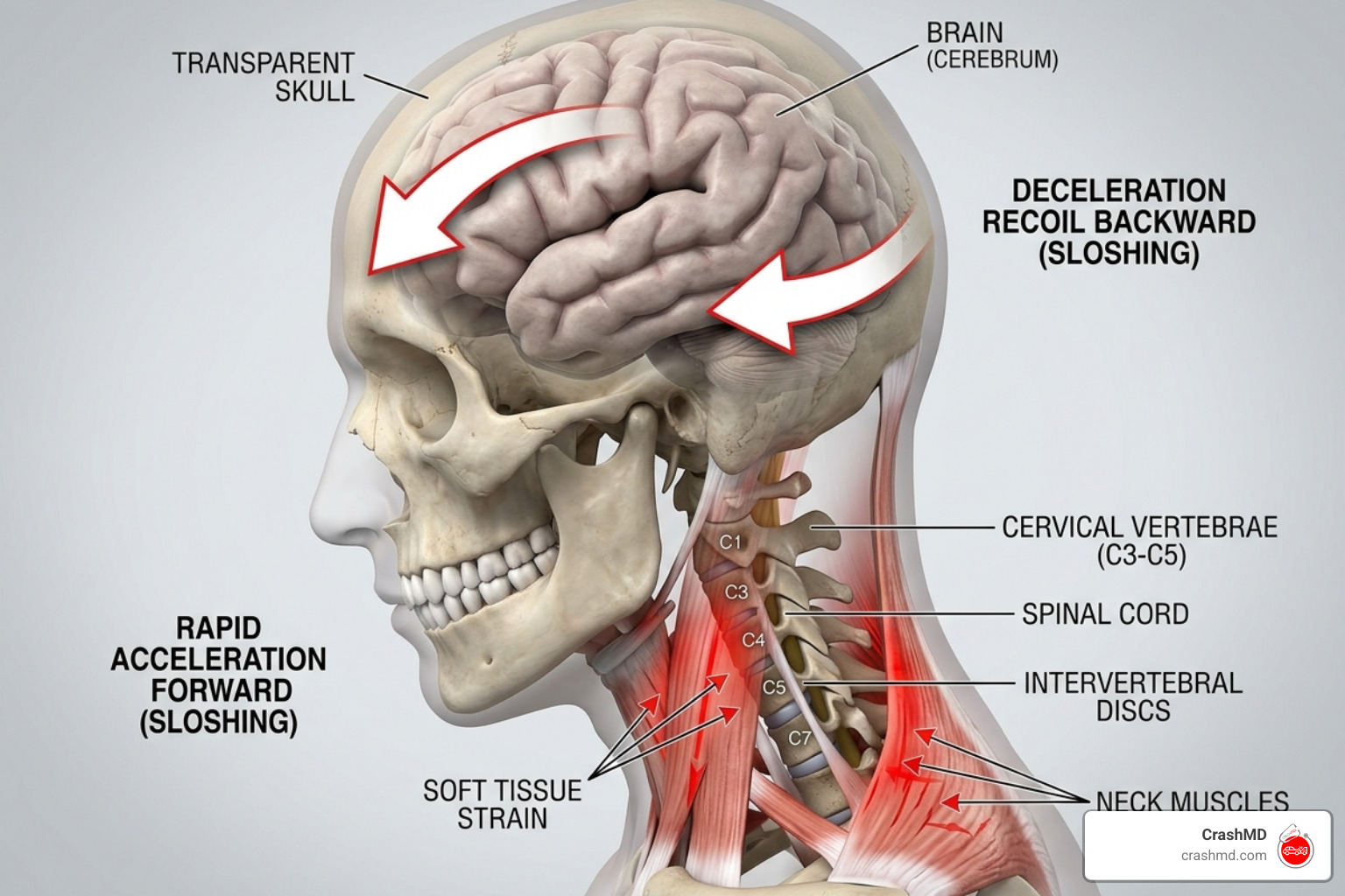 Illustration of brain movement and soft tissue strain during a vehicle impact - headache after car accident