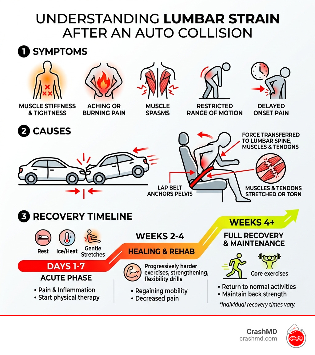 Infographic showing lumbar strain symptoms, causes, and recovery timeline after auto collision - lumbar strain auto