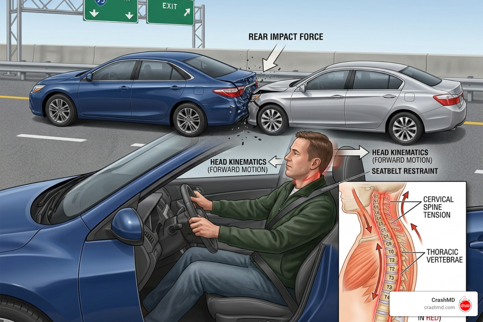 Illustration of a rear-end collision impact showing occupant kinematics - lumbar strain auto collision