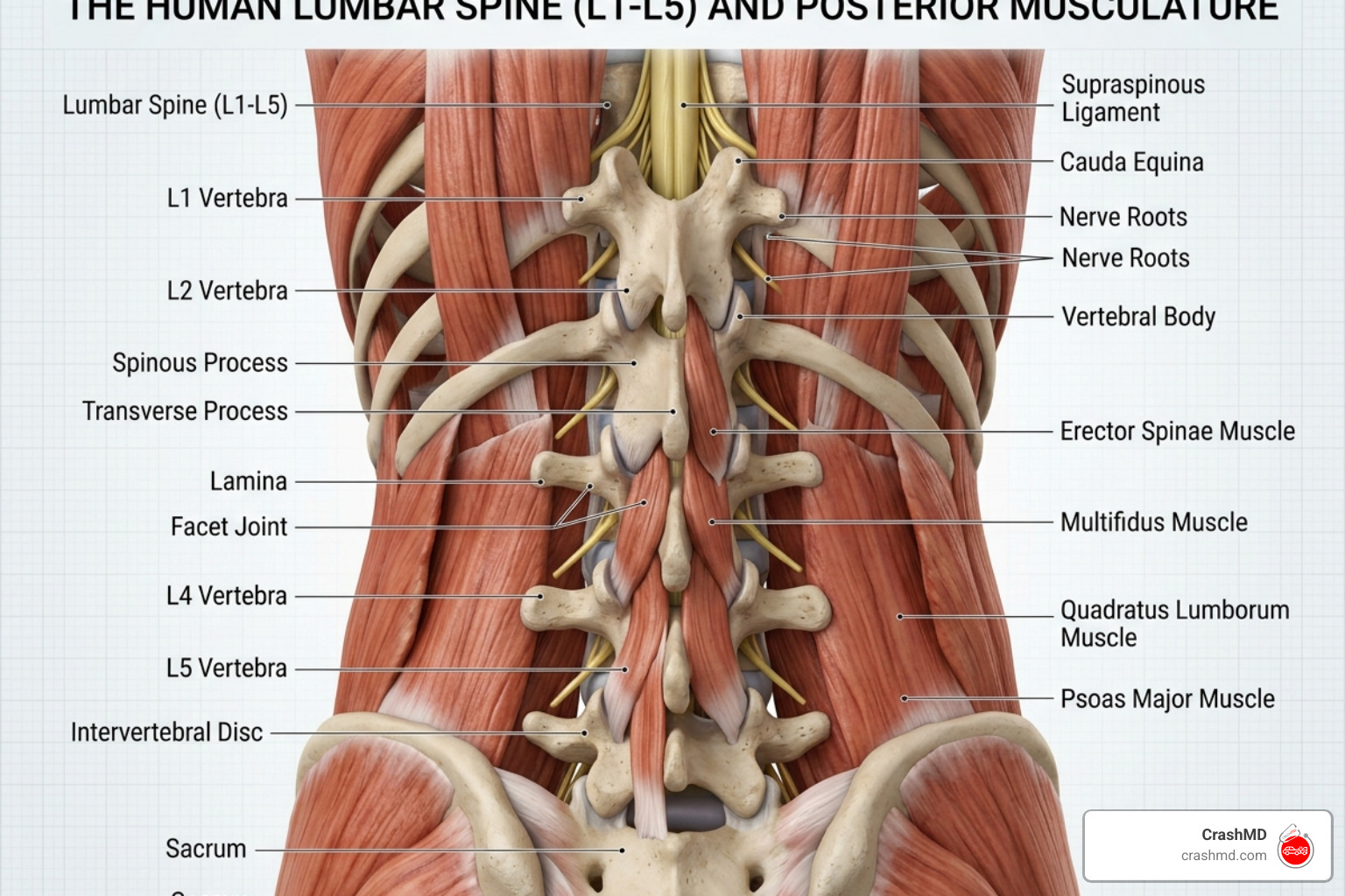 Diagram of the lumbar spine vertebrae and surrounding muscle tissue - lumbar strain auto collision