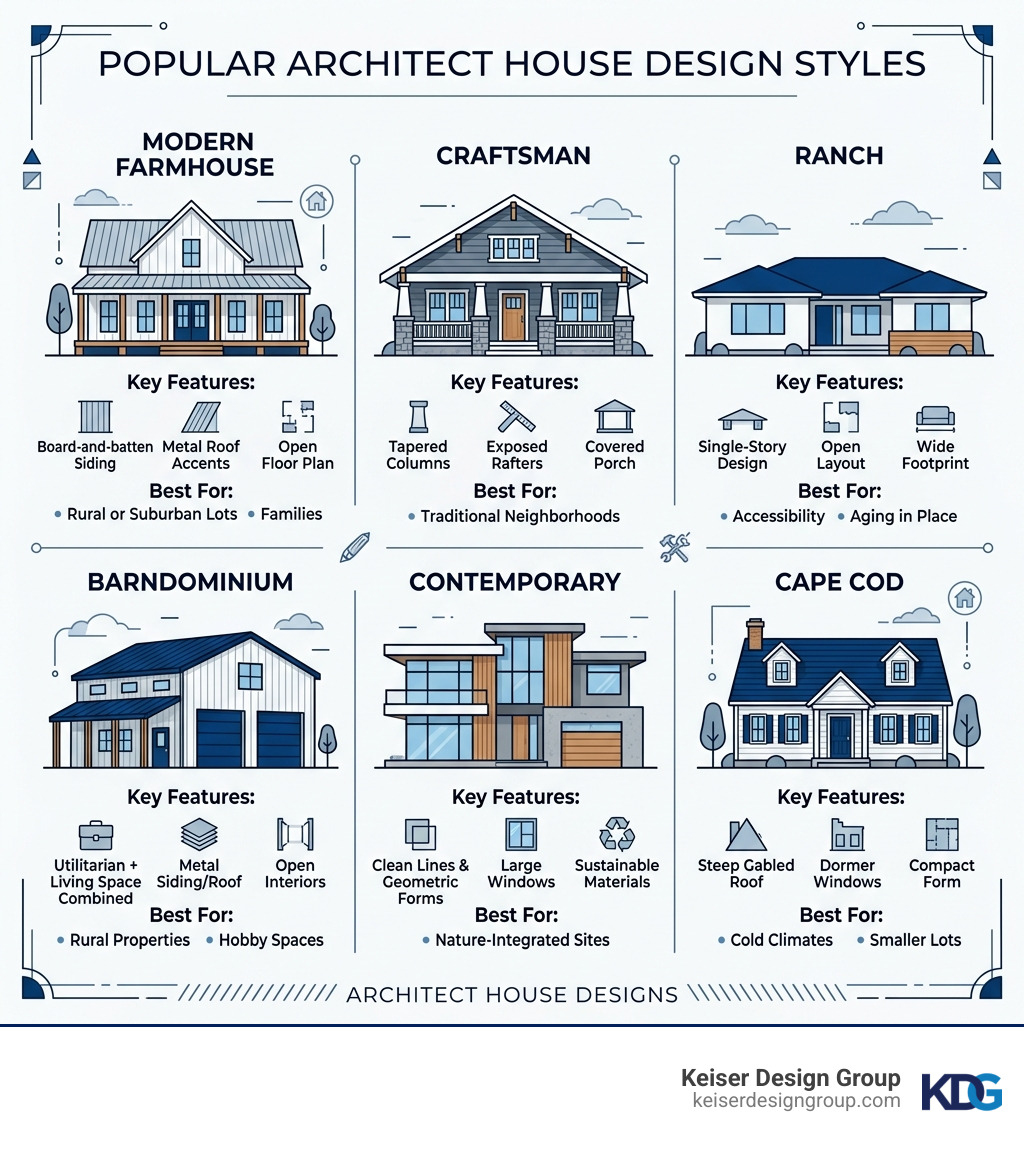 Infographic showing popular architect house design styles with key features and best uses - architect house designs