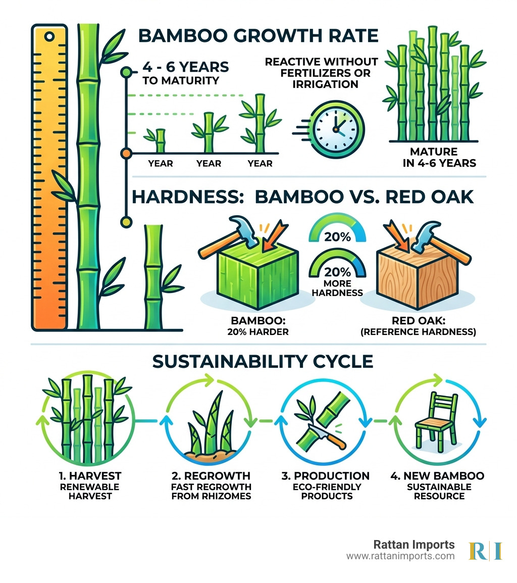 Infographic showing bamboo growth rate, hardness vs Red Oak, and sustainability cycle - bamboo chairs dining room Infographic showing bamboo growth rate, hardness vs Red Oak, and sustainability cycle - bamboo chairs dining room
