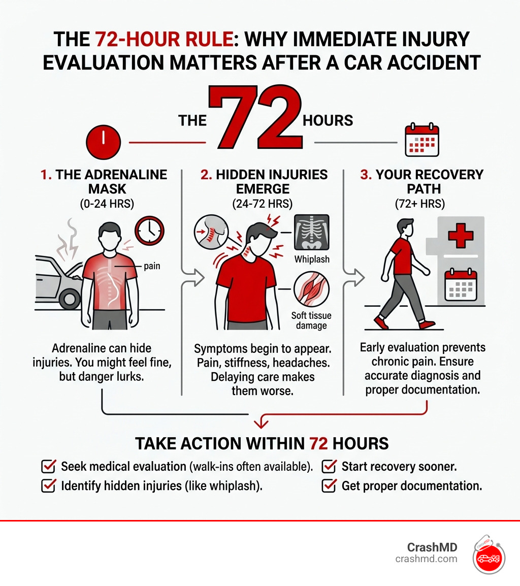 infographic showing 72-hour rule for injury evaluation after a car accident - urgent accident pain clinic infographic 
