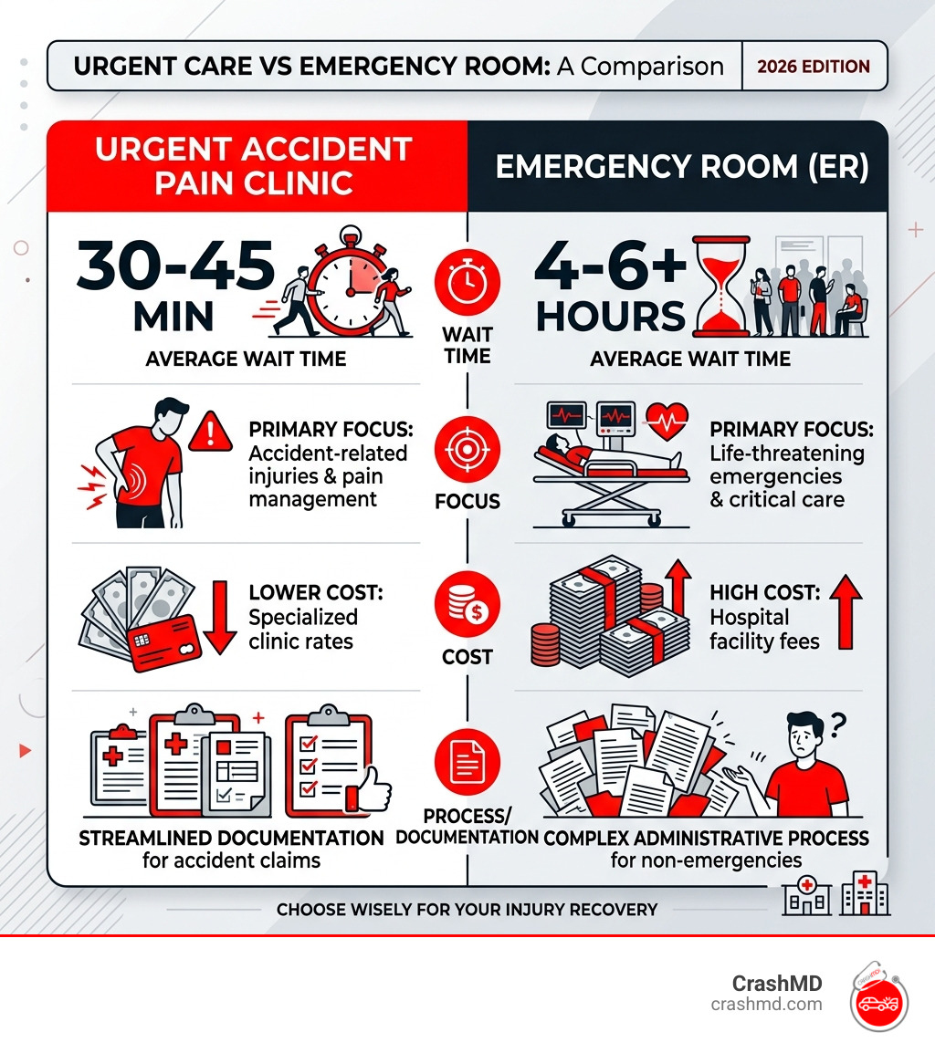 Comparison of Urgent Care vs ER wait times and focus - urgent accident pain clinic infographic 