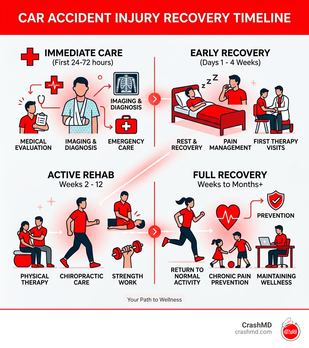 Car accident injury recovery timeline from immediate care to full rehabilitation - car accident injury recovery infographic 