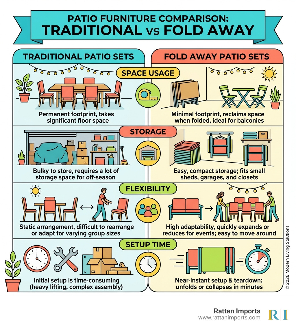 infographic comparing traditional vs fold away patio sets: space, storage, flexibility, and setup time - fold away patio set
