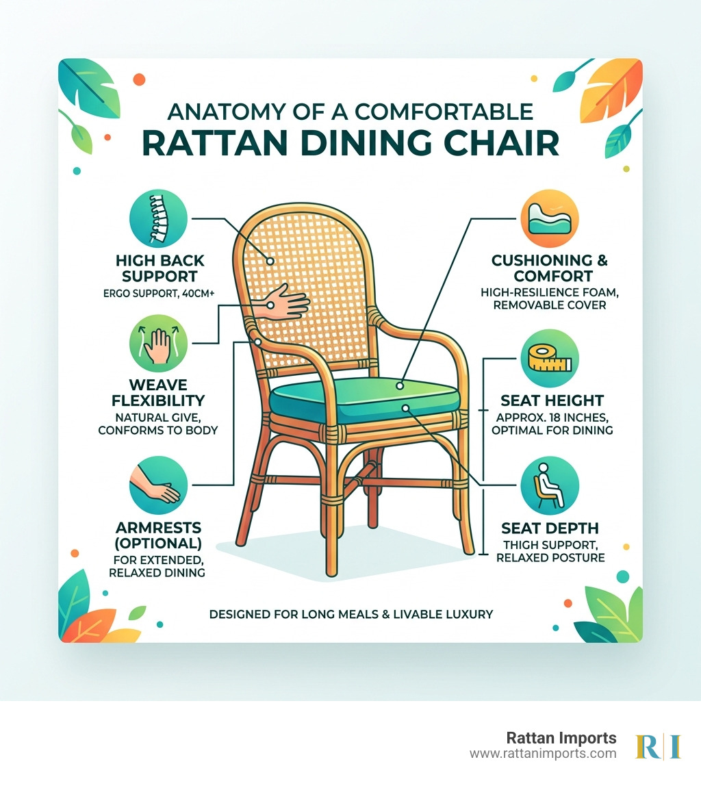 Anatomy of a comfortable rattan dining chair infographic showing key features - comfortable rattan dining chairs infographic 