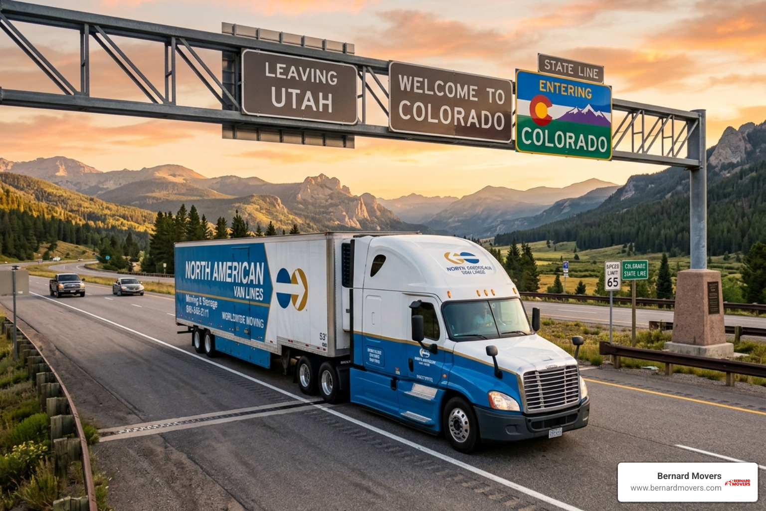 A professional moving truck crossing a state border at sunrise - interstate moving experts