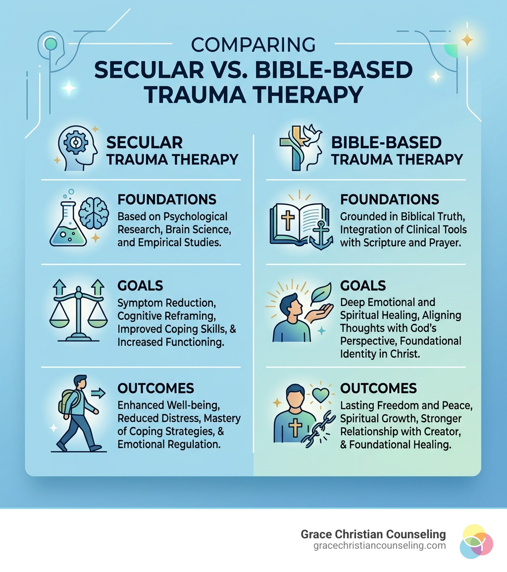Infographic comparing secular vs. faith-based therapy: goals, foundations, and outcomes - Bethel Park Bible based trauma
