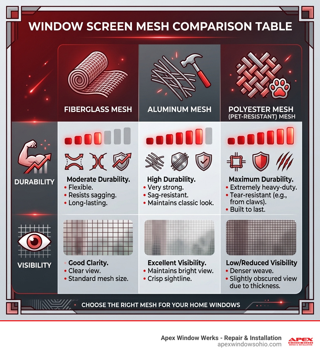 Durability and visibility comparison table for fiberglass, aluminum, and polyester mesh - install window screen mesh