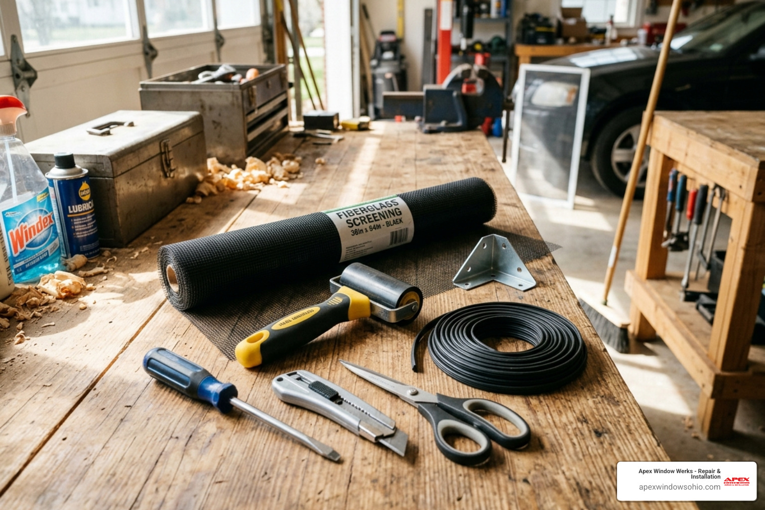 Screen repair kit with roller, spline, and mesh roll - install window screen mesh